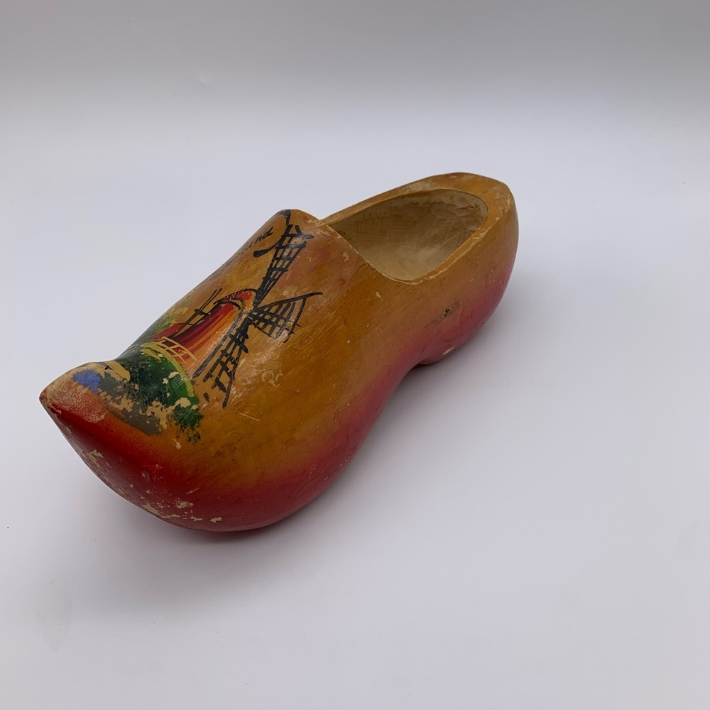 Vintage Hand Carved & Painted Wooden Clog Shoe Holland Windmill Scenery